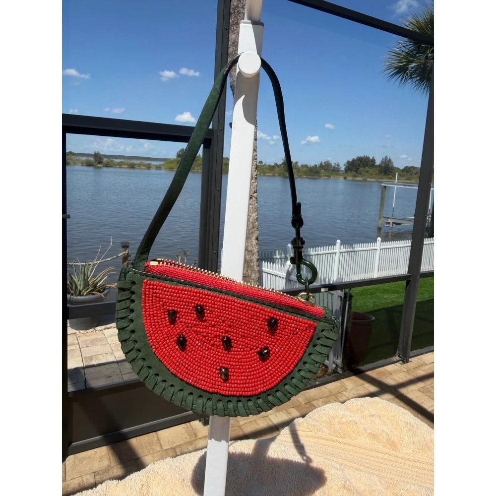 Tory Burch Beaded Watermelon Nubuck Leather Coin Purse Pouch Wristlet